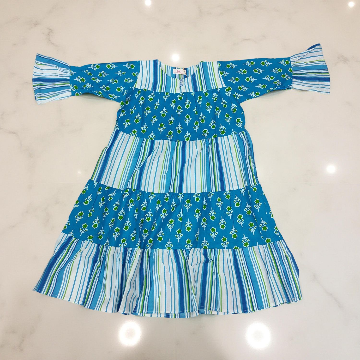 1-2 Year  White And Sky Moon Printed Cotton Girls Dress 24" Long Jalabiya