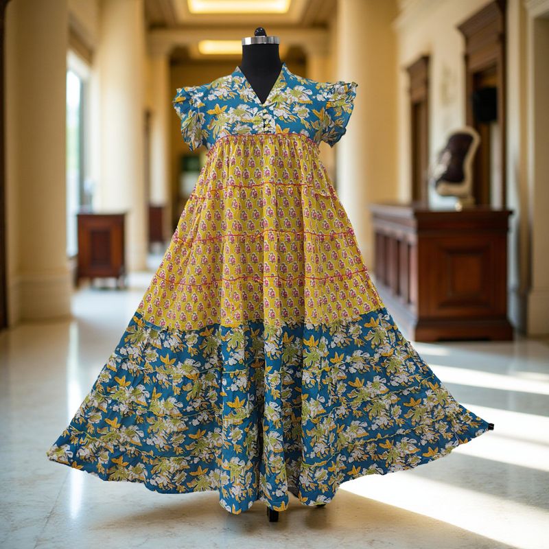 L/XL Qamar Printed Cotton Dress 57"Long Jalabiya