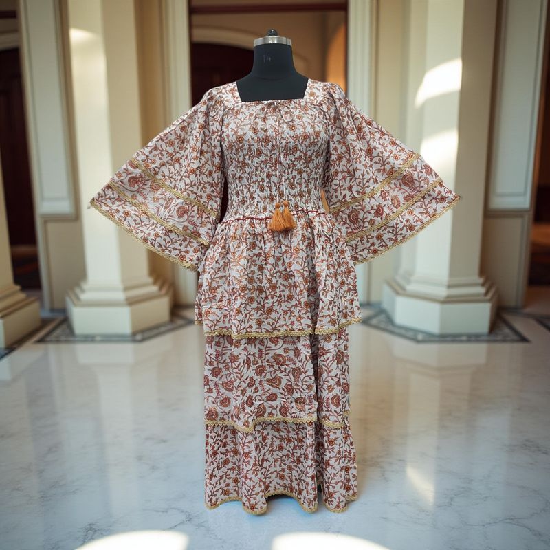 XS/S Rahima Gold Printed Cotton Dress 54" Long Jalabiya