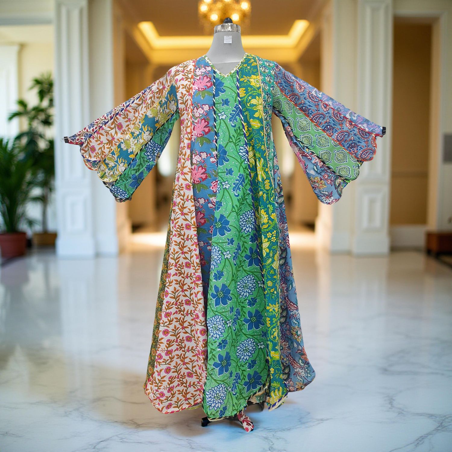 S/M Meher Multi Printed Cotton Dress 57" Long Jalabiya