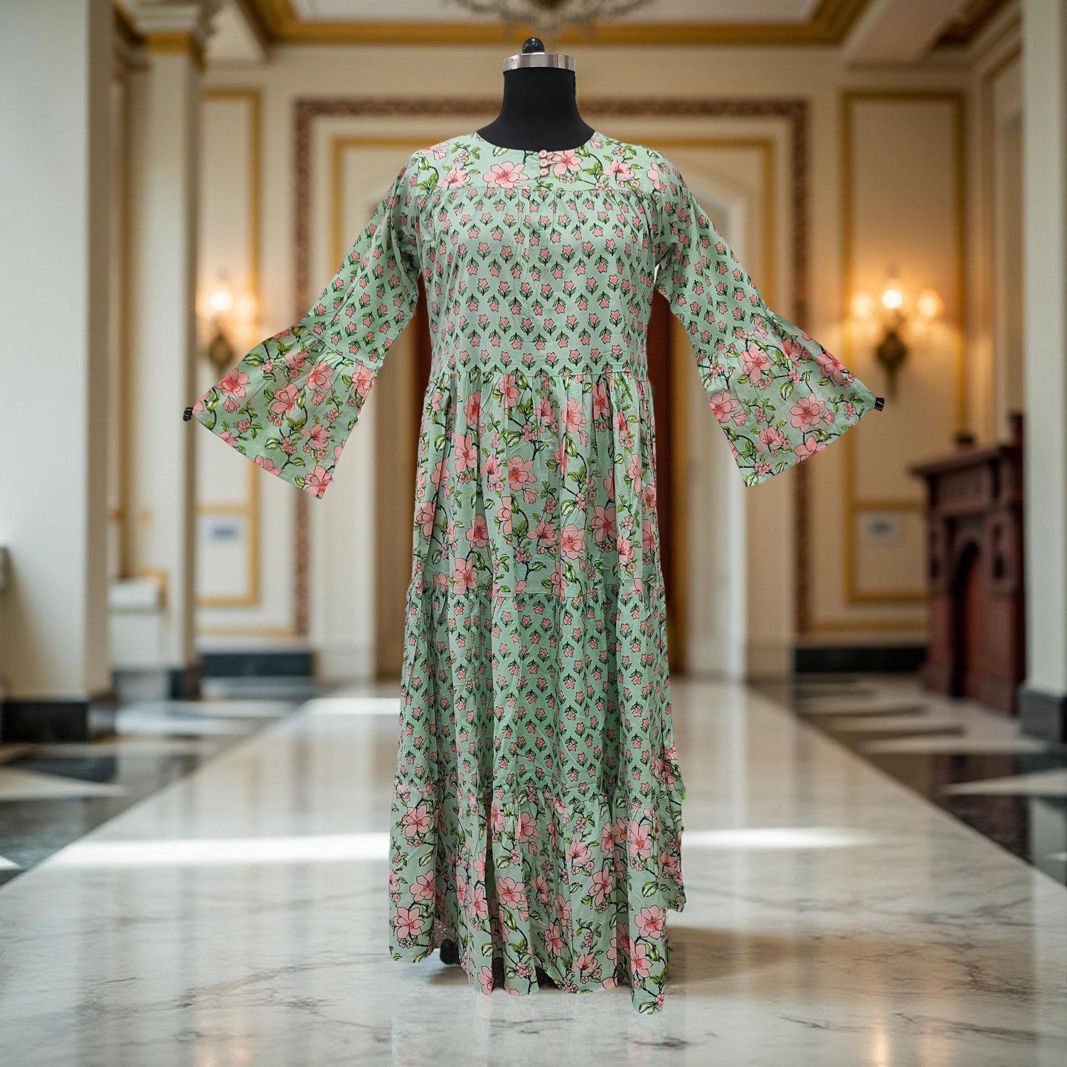 L/XL Green And Peach Moon Printed Cotton Dress 57" Long Jalabiya