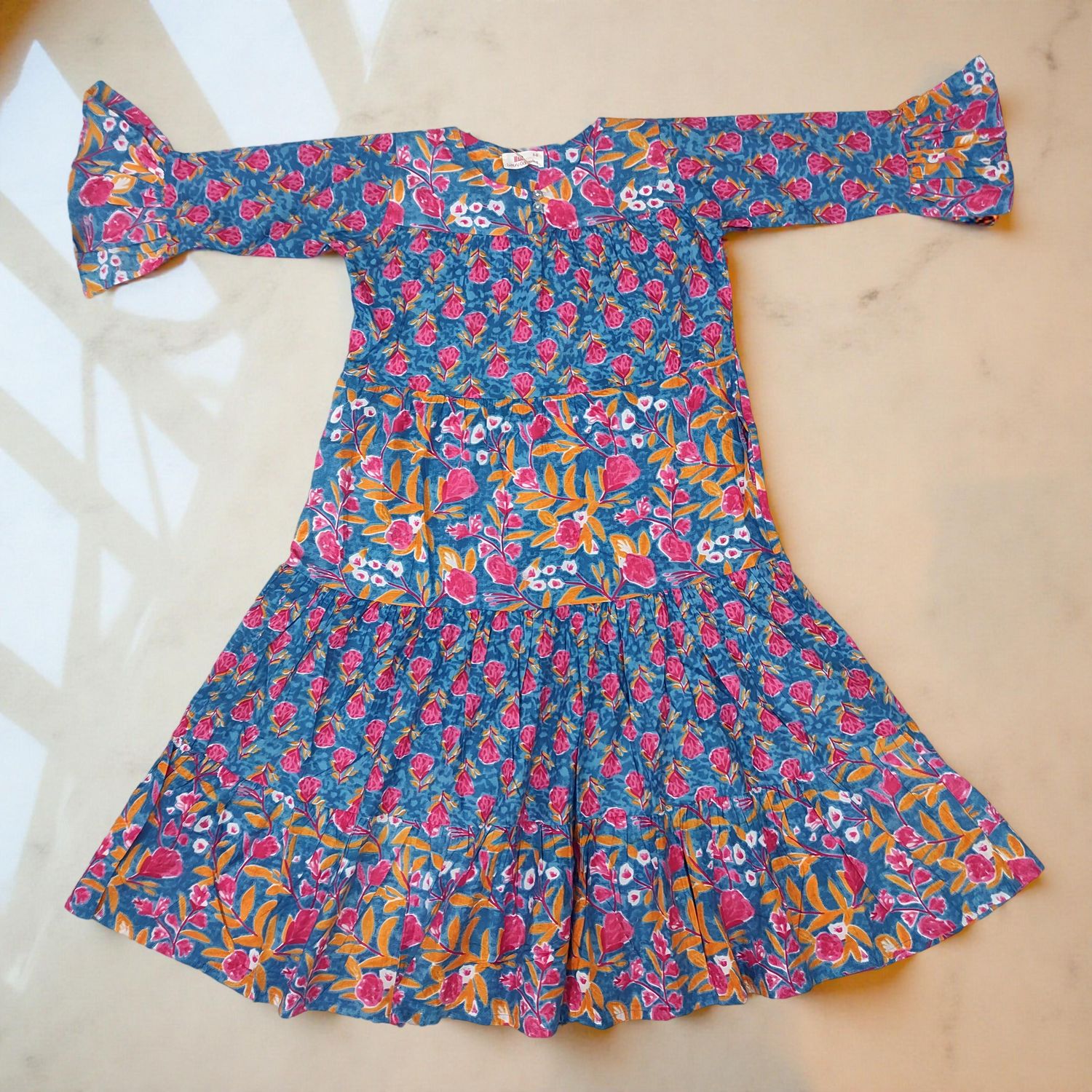 4-5 Year Blue And Yellow Moon Printed Cotton Girls Dress 34" Long Jalabiya