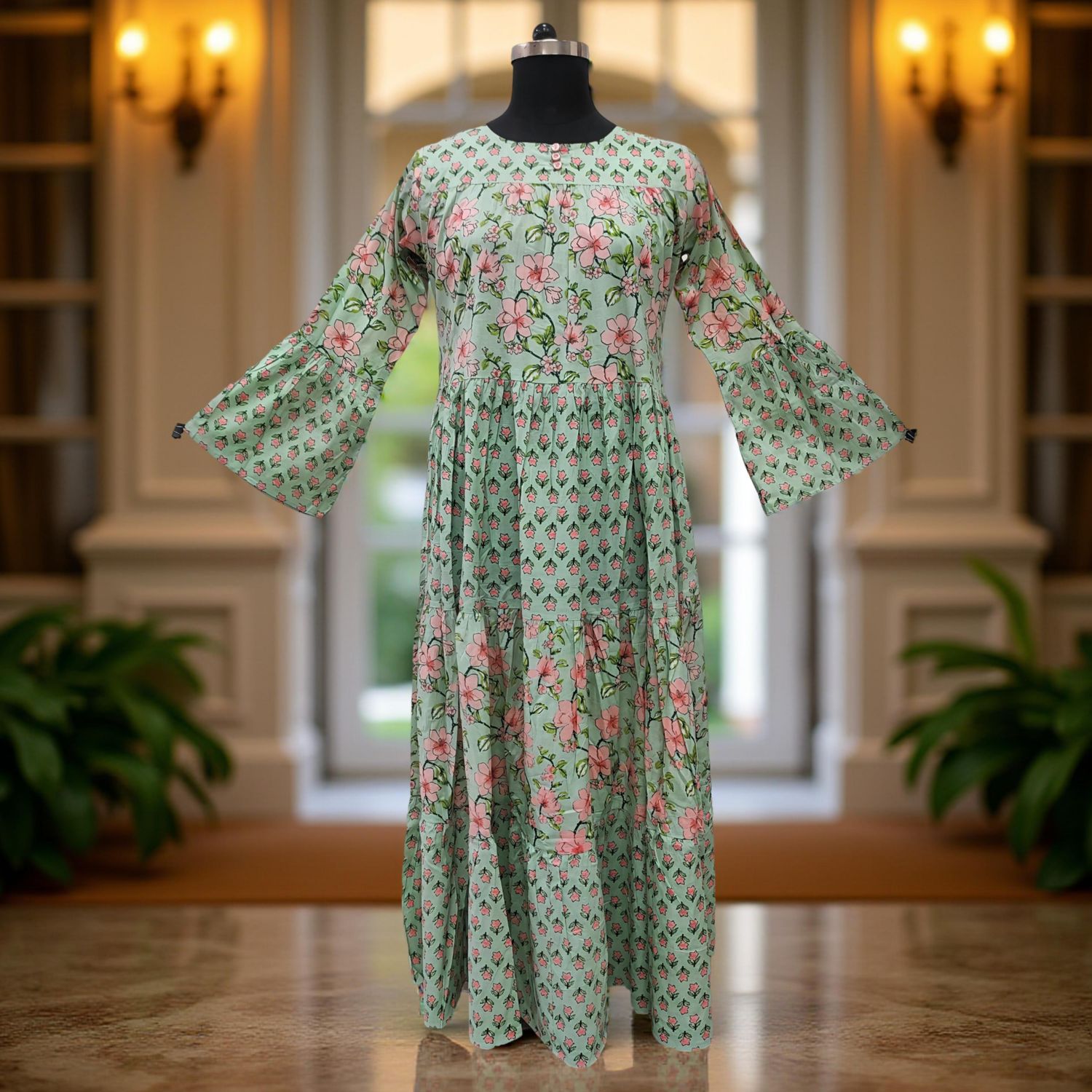 L/XL Pink And Peach Moon Printed Cotton Dress 57" Long Jalabiya