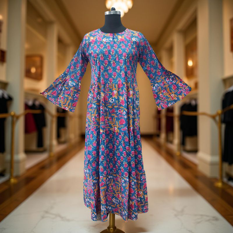 10-11 Year Blue And Yellow Moon Printed Cotton Dress 46" Long Jalabiya