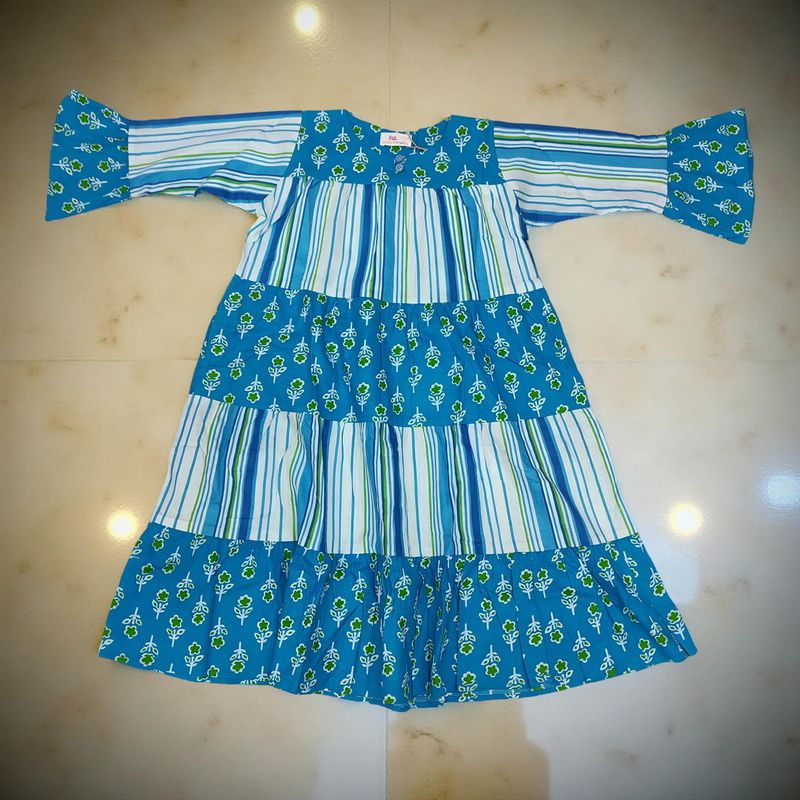 1-2 Year Sky And White Moon Printed Cotton Girls Dress 24" Long Jalabiya