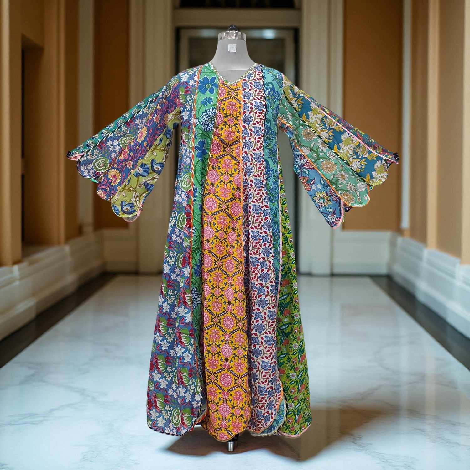 S/M Meher Multi Printed Cotton Dress 57" Long Jalabiya