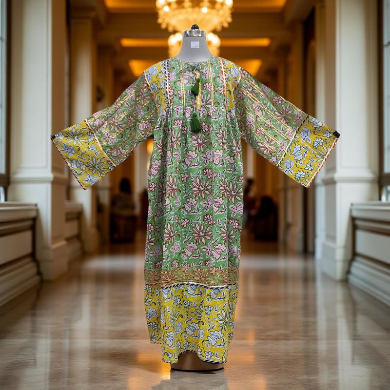 2XL/3XL Ebrah Printed Cotton Dress 56" Long Jalabiya