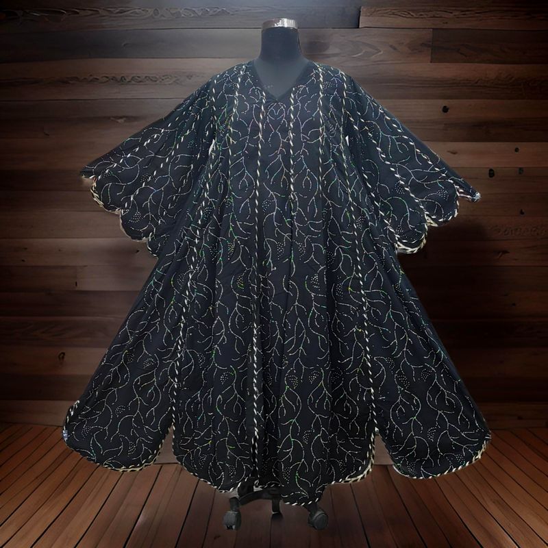 L/XL Meher Crystal Black Printed Cotton Dress 57" Long Jalabiya
