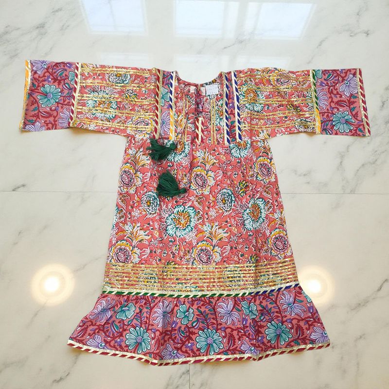 4-5 Year Ebrah Printed Cotton Girls Dress 34" Long Jalabiya