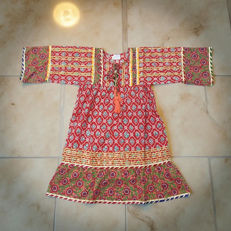 2-3 Year Ebrah Printed Cotton Girls Dress 30" Long Jalabiya