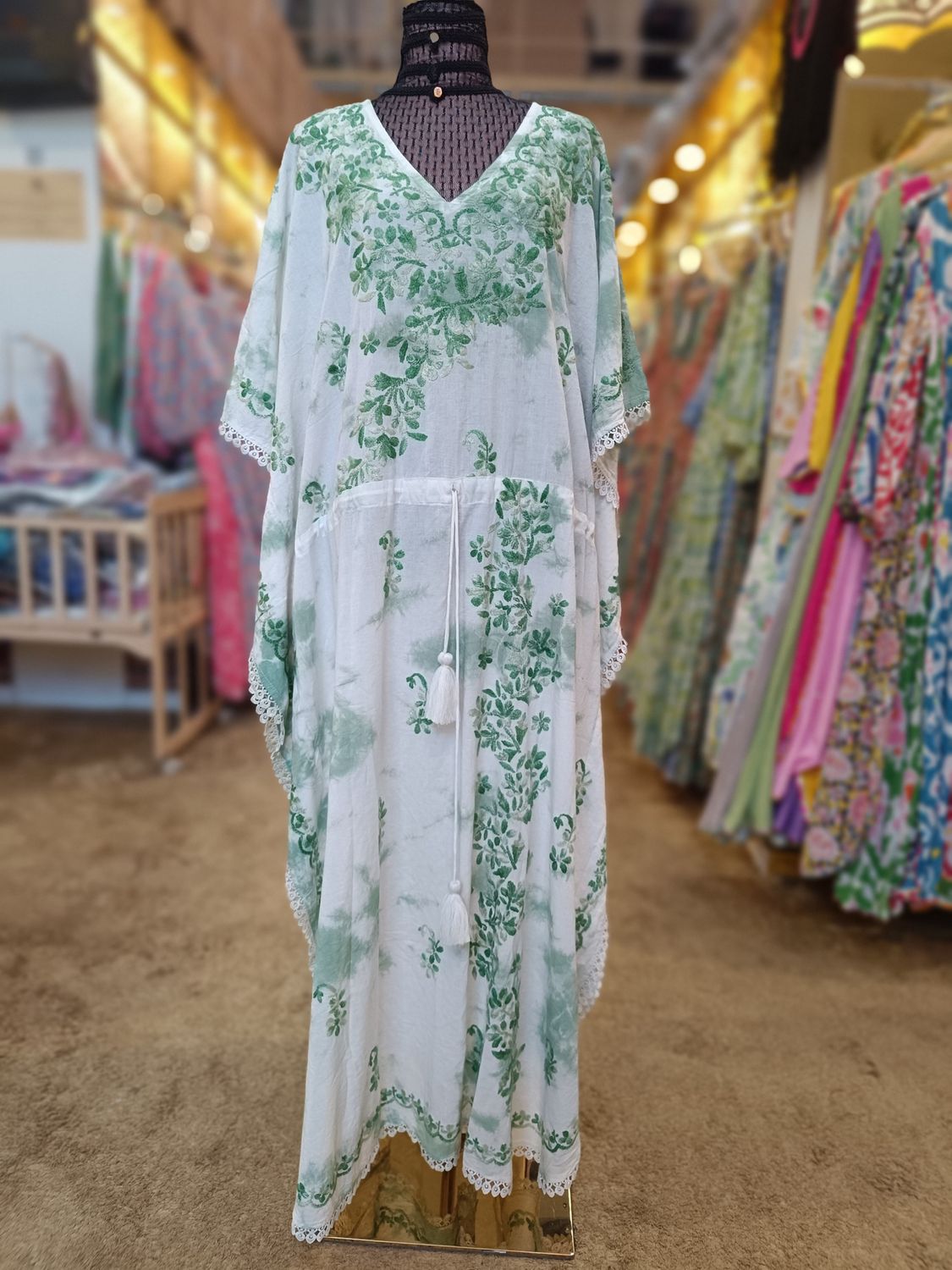 Free Size Farasha Printed Kaftan Embroidery Cotton Dress 57" Long Jalabiya