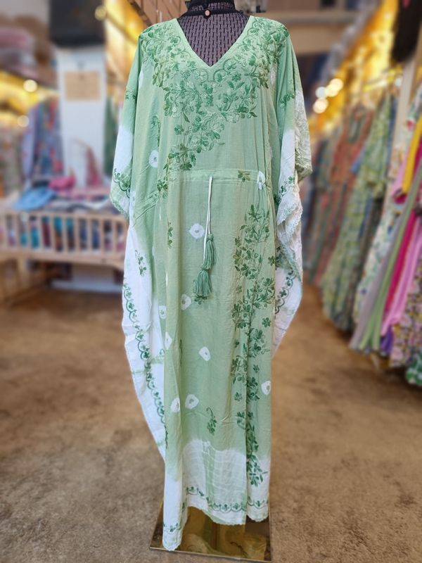 Free Size Farasha Printed Kaftan Embroidery Cotton Dress 57" Long Jalabiya