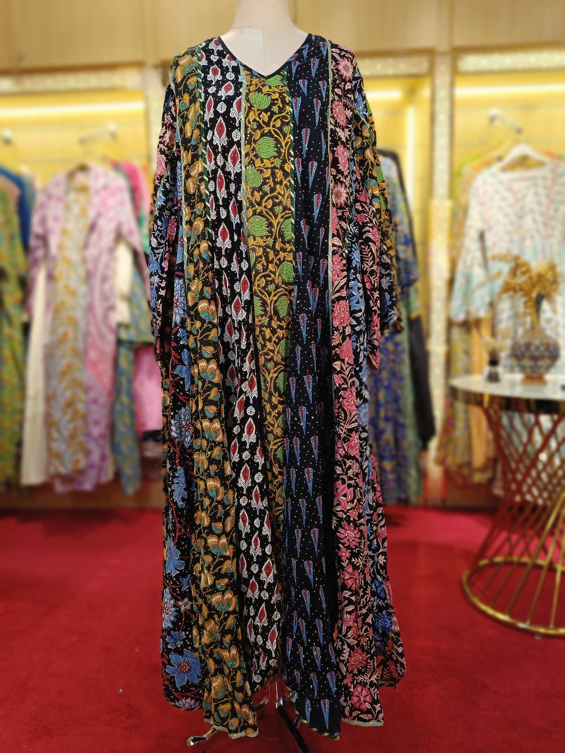 L/XL Meher Crystal black Multi Printed Cotton Dress 57" Long Jalabiya