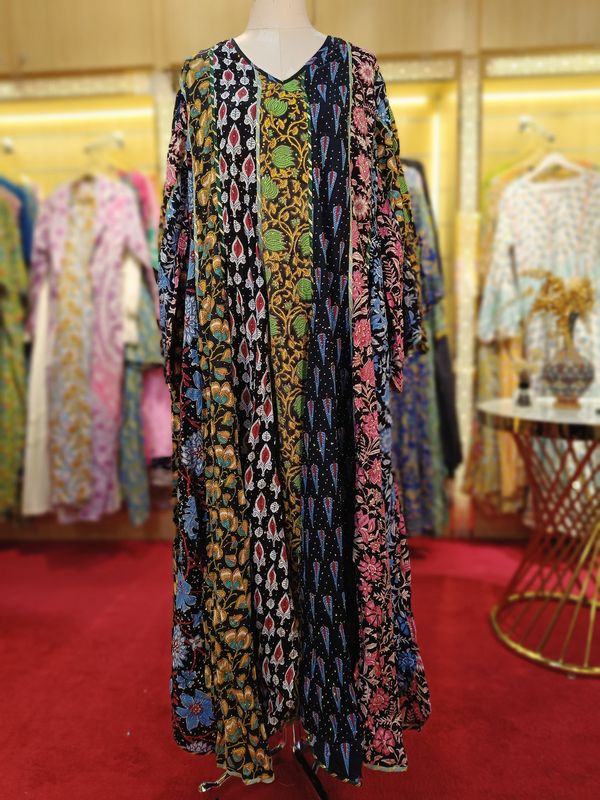 L/XL Meher Crystal black Multi Printed Cotton Dress 57" Long Jalabiya