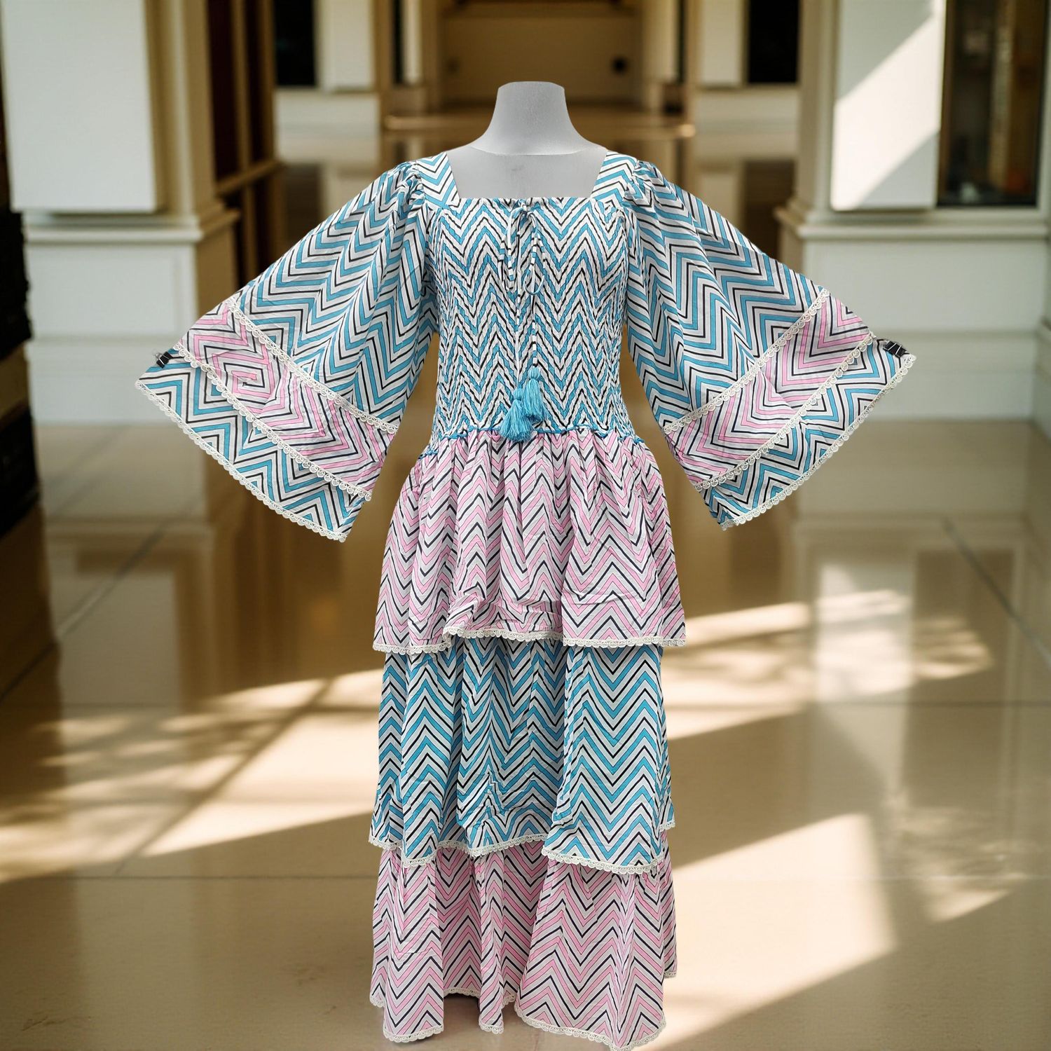 S/M Rahima Printed Cotton Dress 57" Long Jalabiya