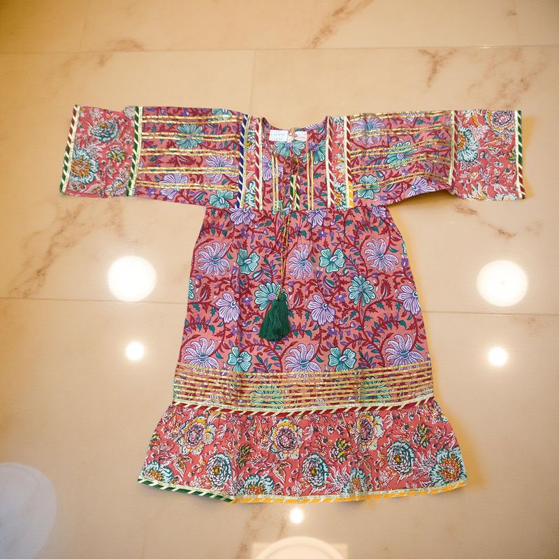 2-3 Year Ebrah Printed Cotton Girls Dress 30" Long Jalabiya