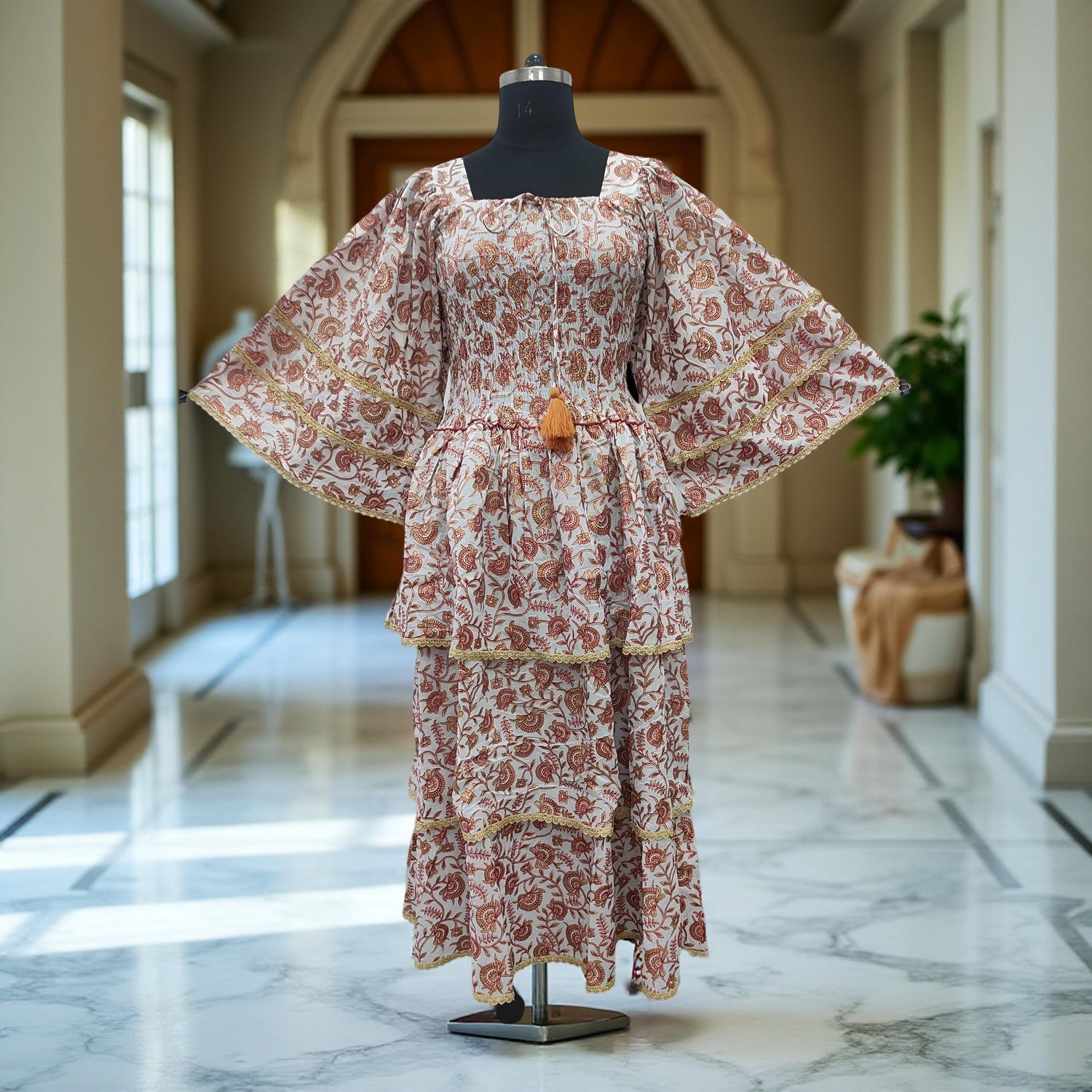 2XL/3XL Rahima Gold Printed Cotton Dress 57" Long Jalabiya