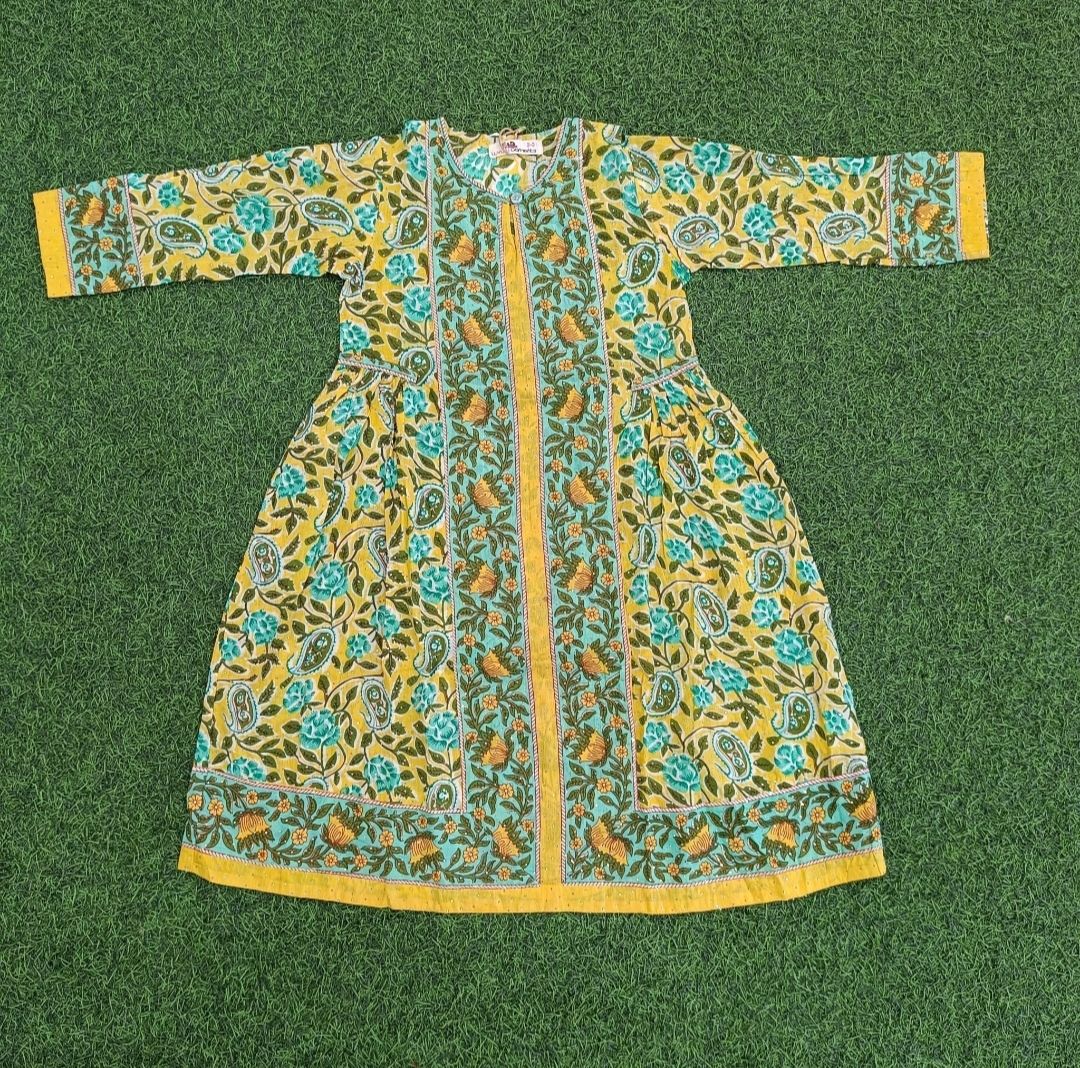 6-7 Year Bhopali Crystal Printed Cotton Girls Dress 37" Long Jalabiya