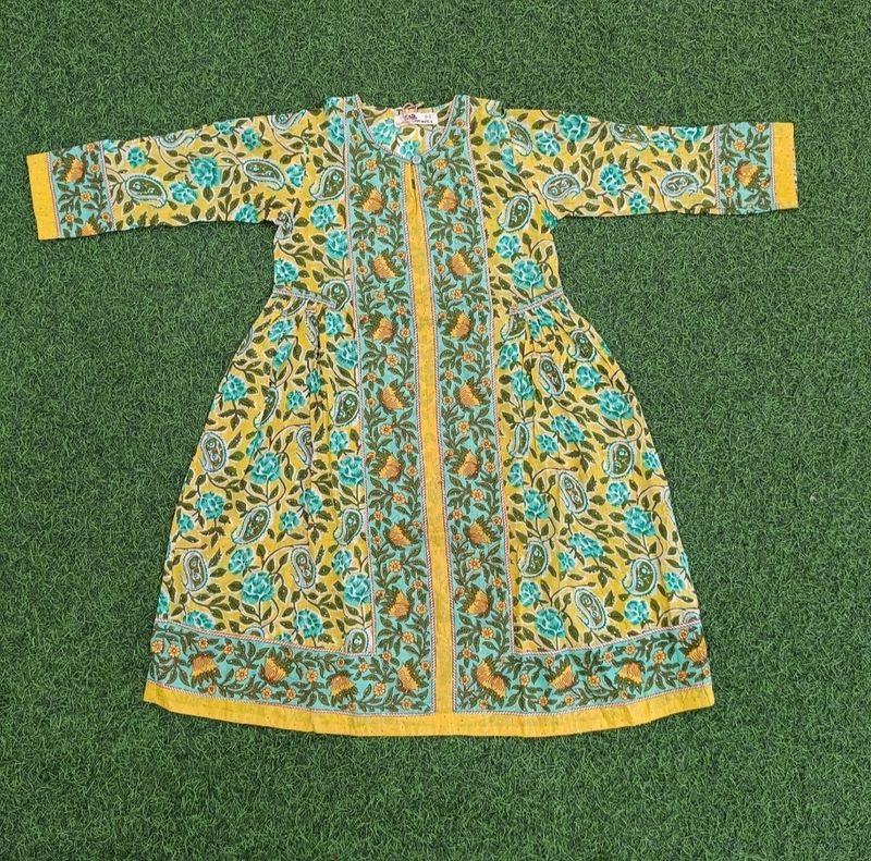 6-7 Year Bhopali Crystal Printed Cotton Girls Dress 37" Long Jalabiya