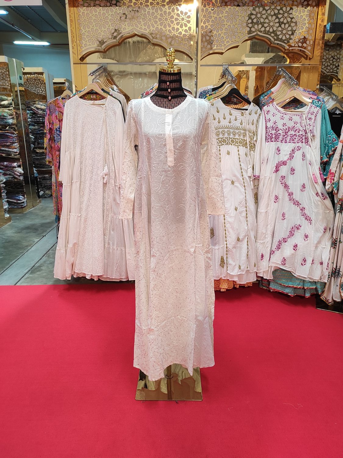 XS/S Seeya Embroidery Crystal White Cotton Dress 54" Long Jalabiya