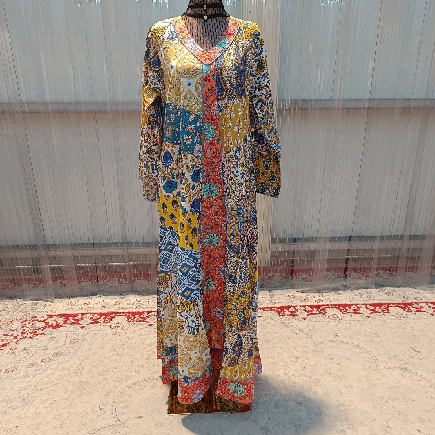 S/M Zeina Multi Printed Cotton Dress 57" Long Jalabiya