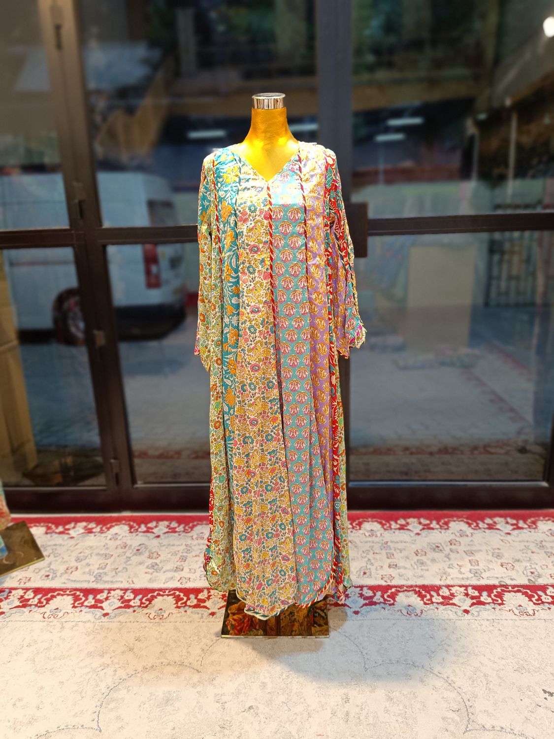 XS/S Meher Silk Crystal Multi Printed  Dress 54" Long Jalabiya