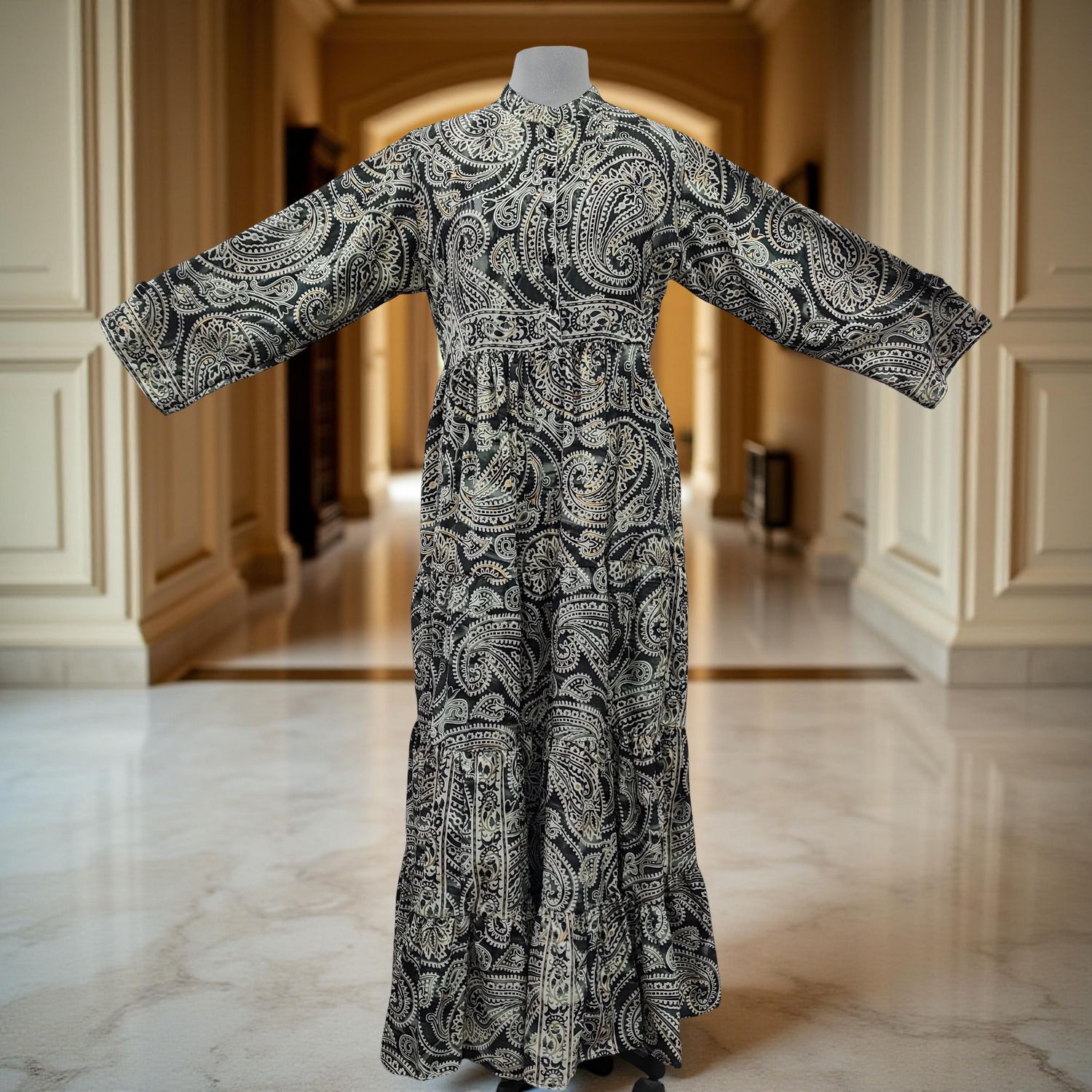 L/XL Safia Silk Printed Dress 57" Long Jalabiya