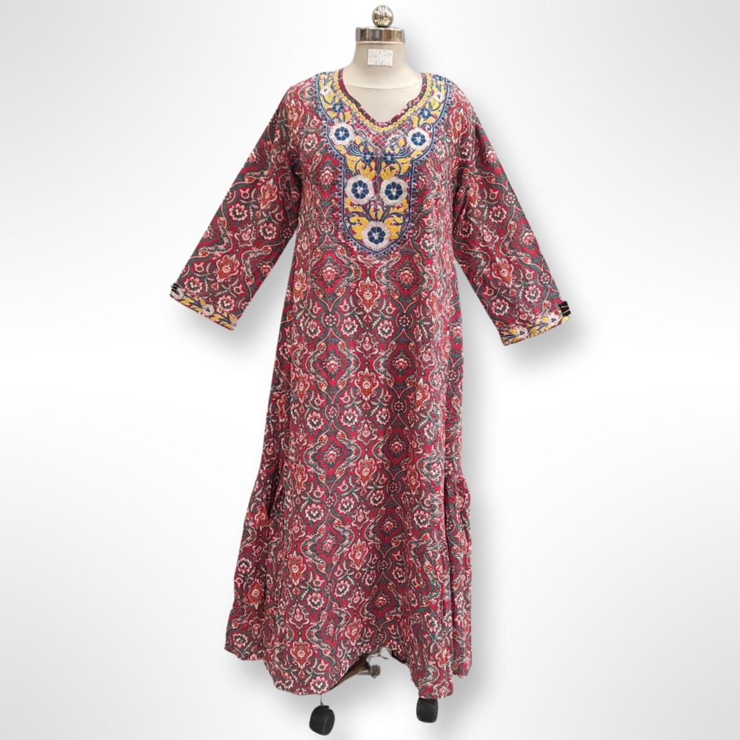 S/M Uswah Embroidery Printed Cotton Dress 57" Long Jalabiya