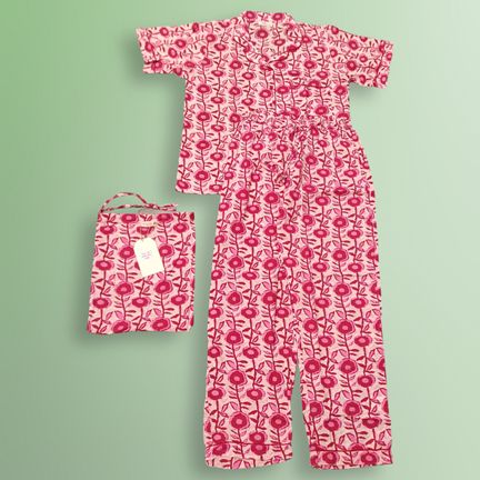 6-7 Year Pajama Cotton Short Sleeves Shirt Collar Neck Full Pajama Set