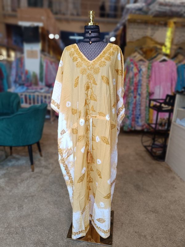 Free Size Farasha Printed Kaftan Embroidery Cotton Dress 57" Long Jalabiya