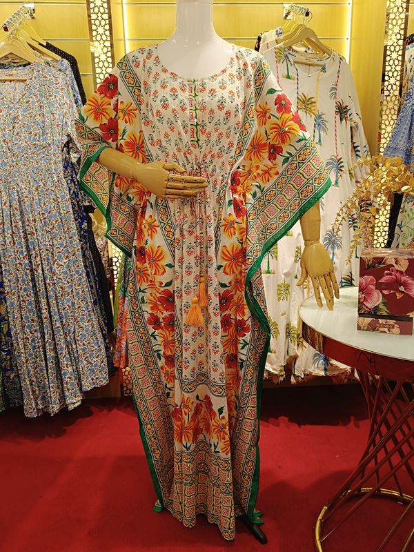 Free Size Farasha Crystal White Kaftan Cotton 56" Long Jalabiya