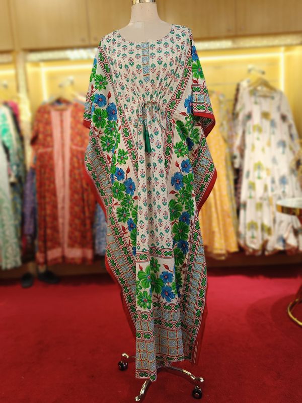 Free Size Farasha Crystal White Kaftan Cotton 56" Long Jalabiya