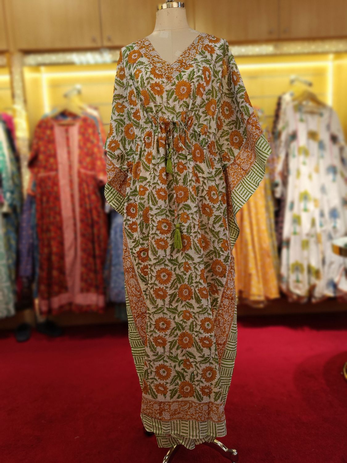 Free Size Farasha Crystal White Kaftan Cotton 56" Long Jalabiya