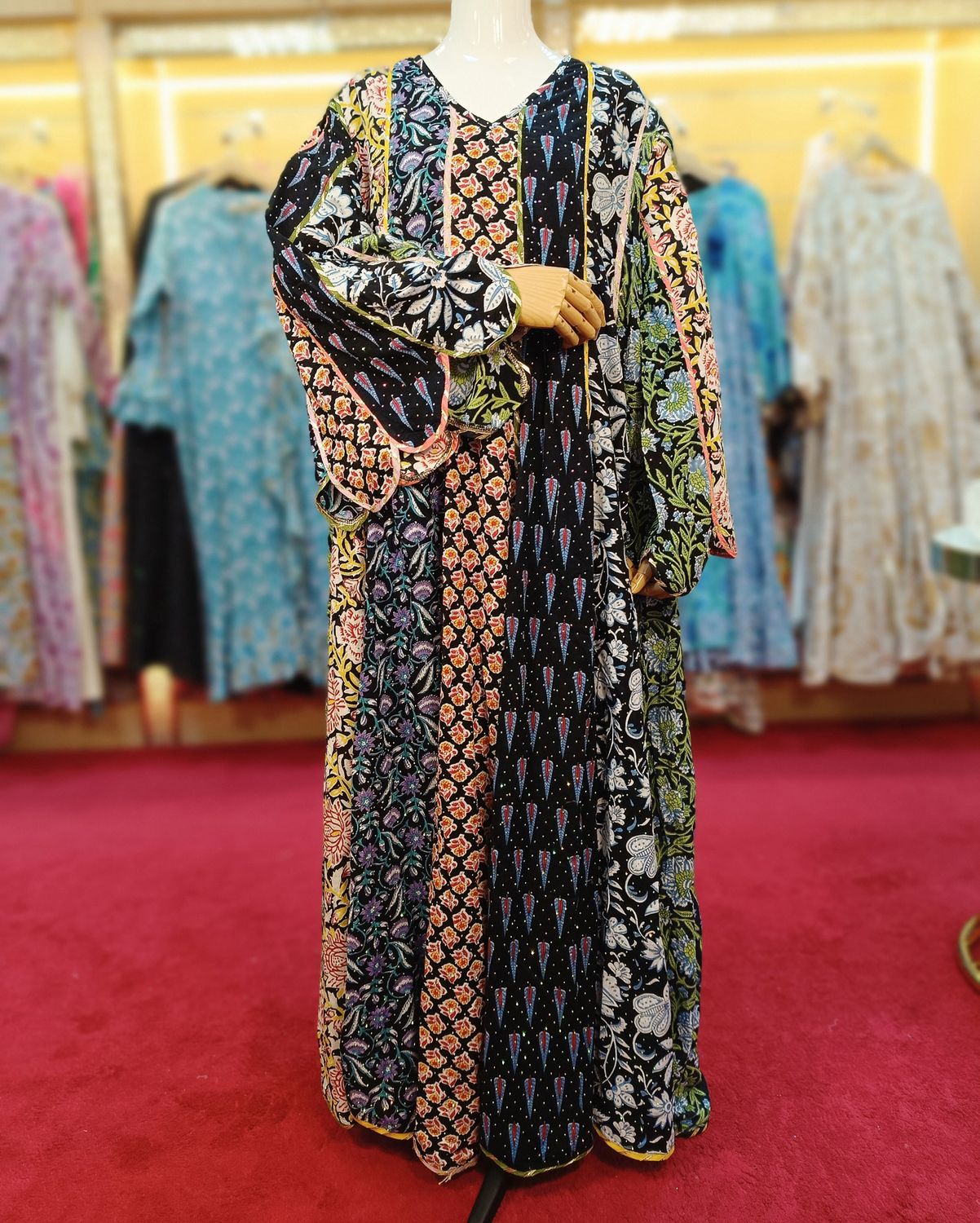 L/XL Meher Crystal black Multi Printed Cotton Dress 57" Long Jalabiya