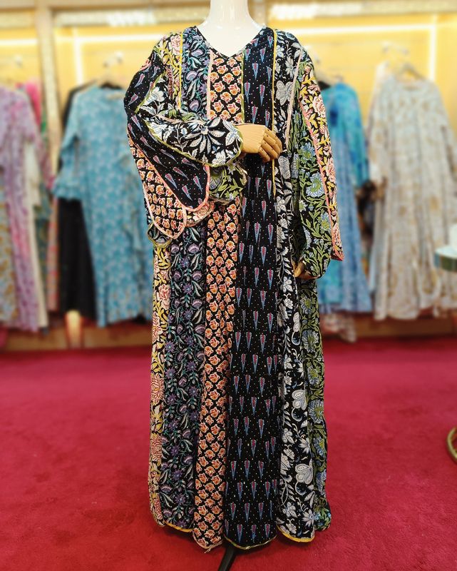 L/XL Meher Crystal black Multi Printed Cotton Dress 57" Long Jalabiya