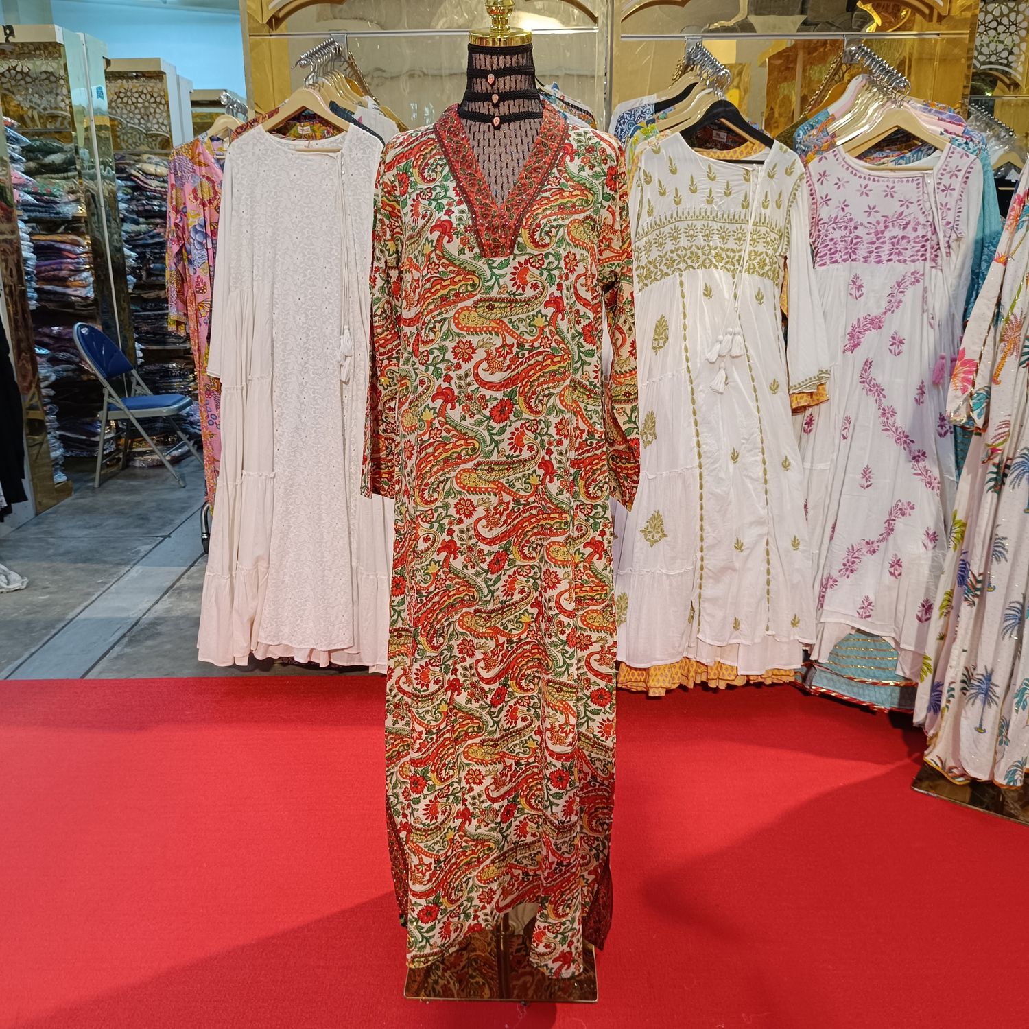 S/M Teena Silk Crystal  Multi printed Dress 57" Long Jalabiya