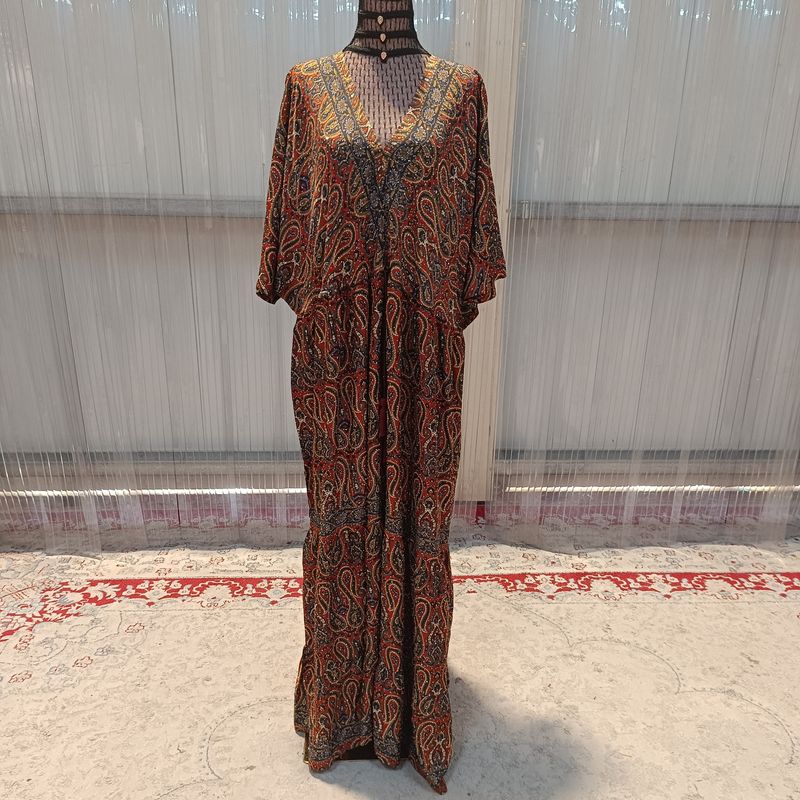 Free Size Farasha Silk Crystal Kaftan 56" Long Jalabiya