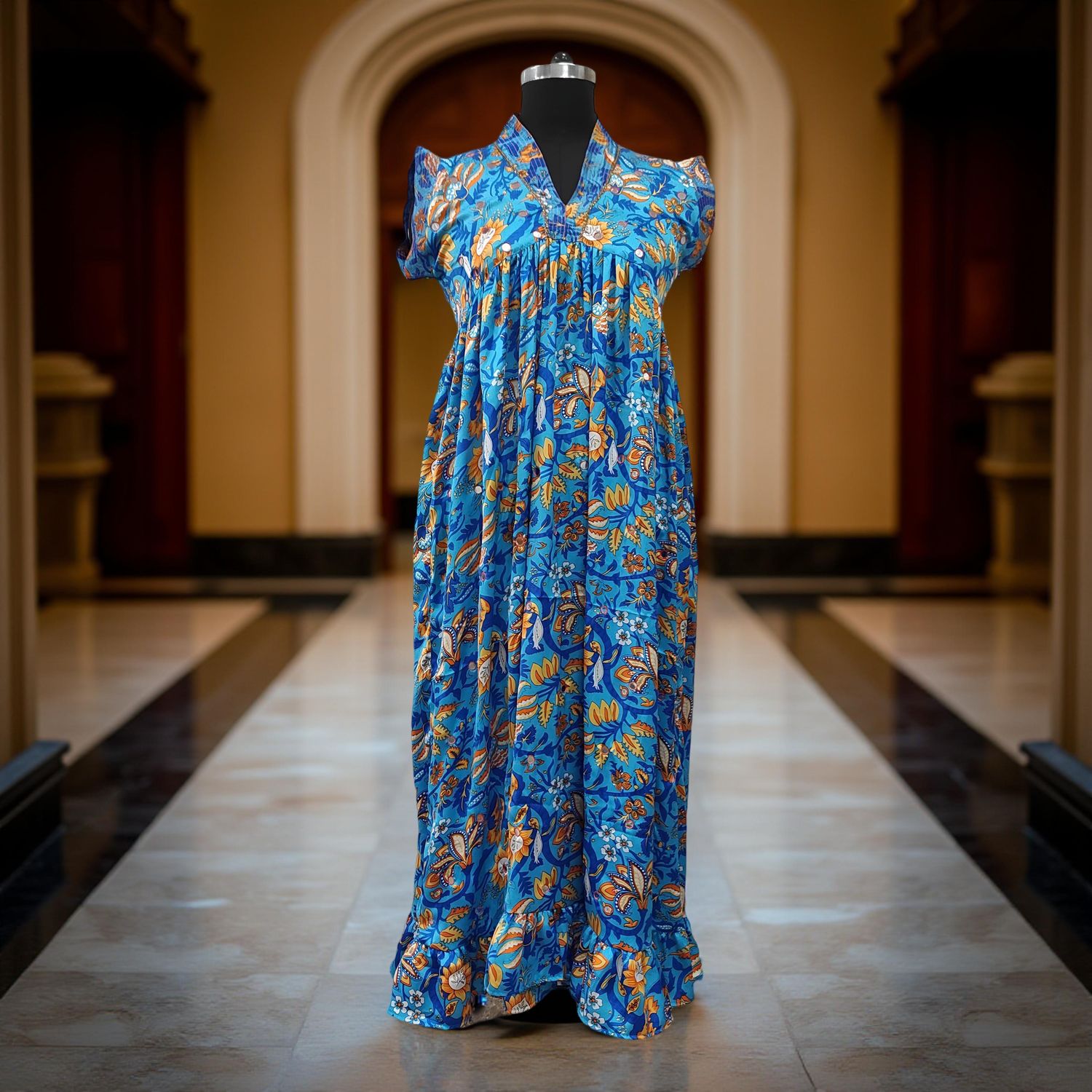 XS/S Amani  Print Silk Dress 54" Short Sleeves Jalabiya