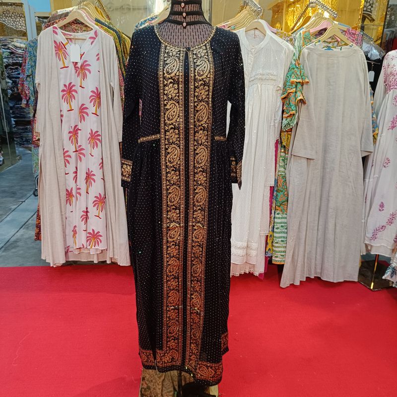 S/M Bhopali Crystal Black Golden Dress 57" Long Jalabiya