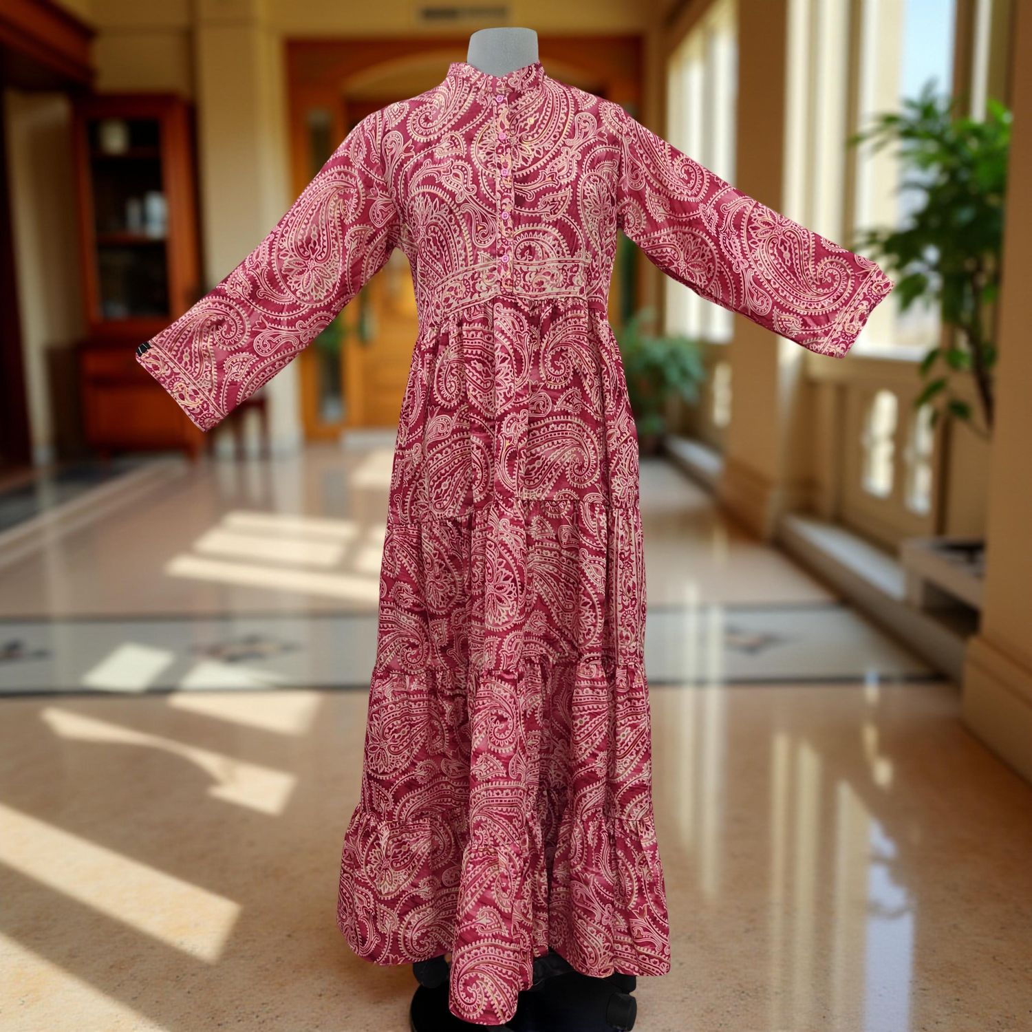 XS/S Safia Silk Printed Dress 54" Long Jalabiya