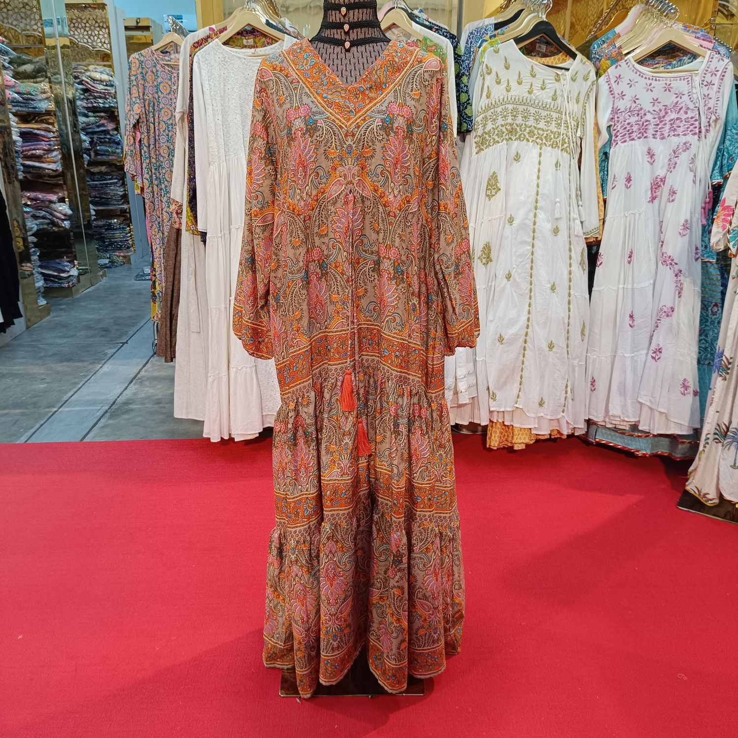 L/XL Zuwena Silk Multi Printed Dress 57" Long Jalabiya