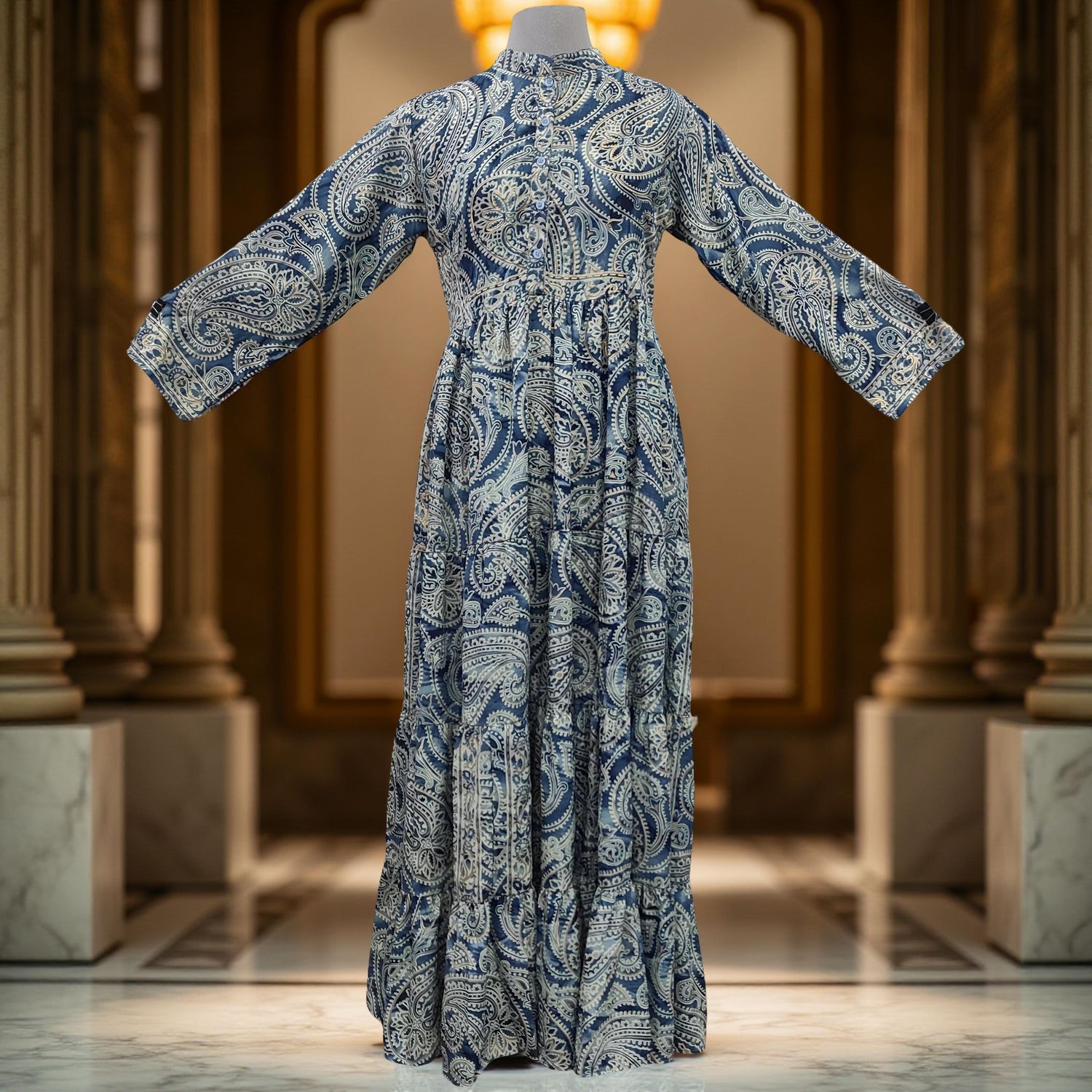 S/M Safia Silk Printed Dress 57" Long Jalabiya