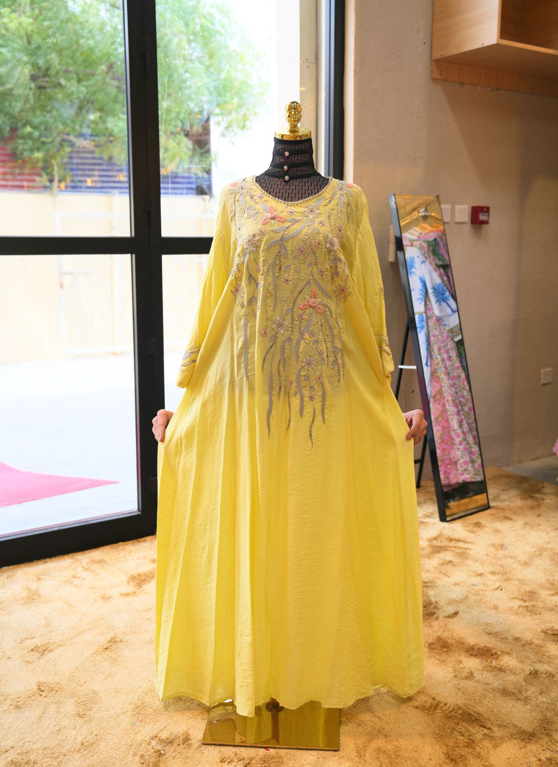 M Size Yellow Embroidery Dress With Pearls Length 55"