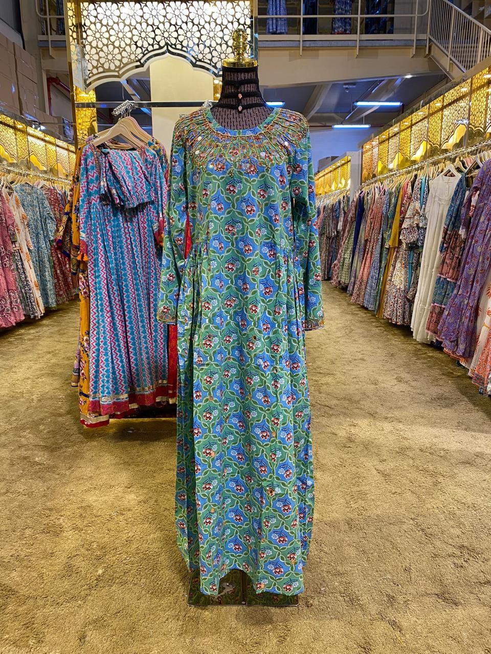 S/M Bhopali Printed And Hand work Cotton Dress 57" Long Jalabiya