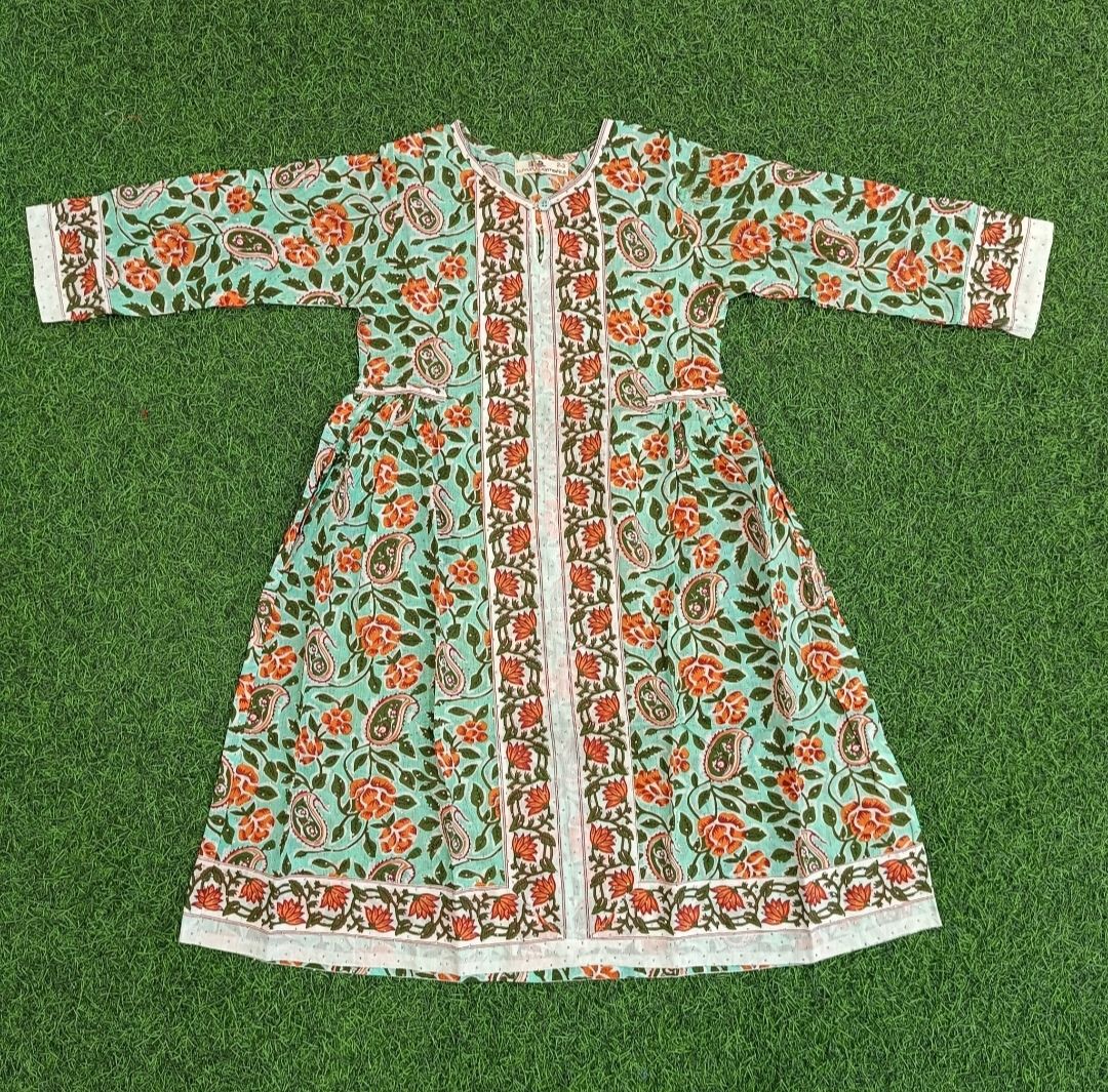8-9 Year Bhopali Crystal Printed Cotton Girls Dress 42" Long Jalabiya