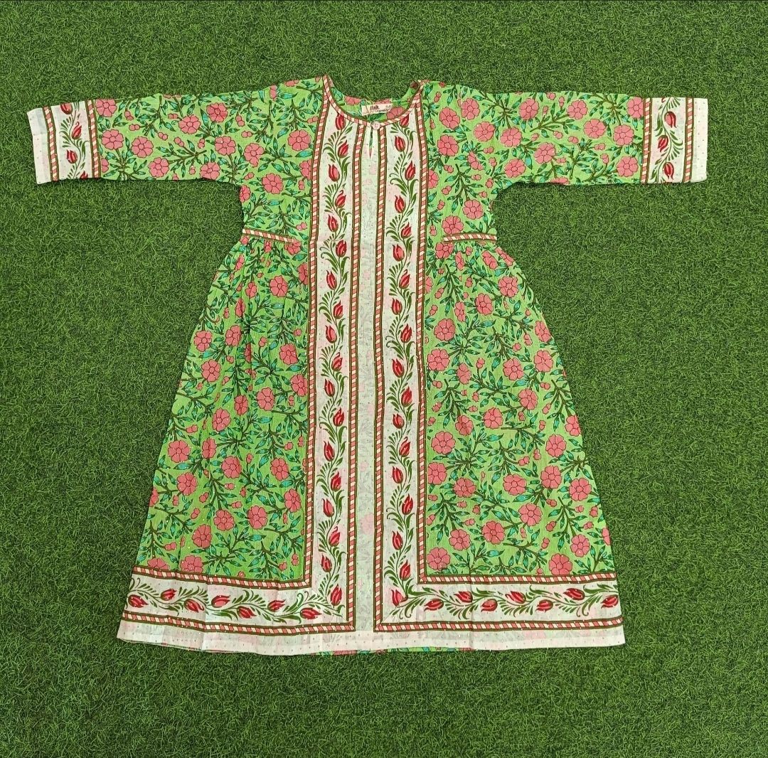 8-9 Year Bhopali Crystal Printed Girls Cotton Dress 42" Long Jalabiya
