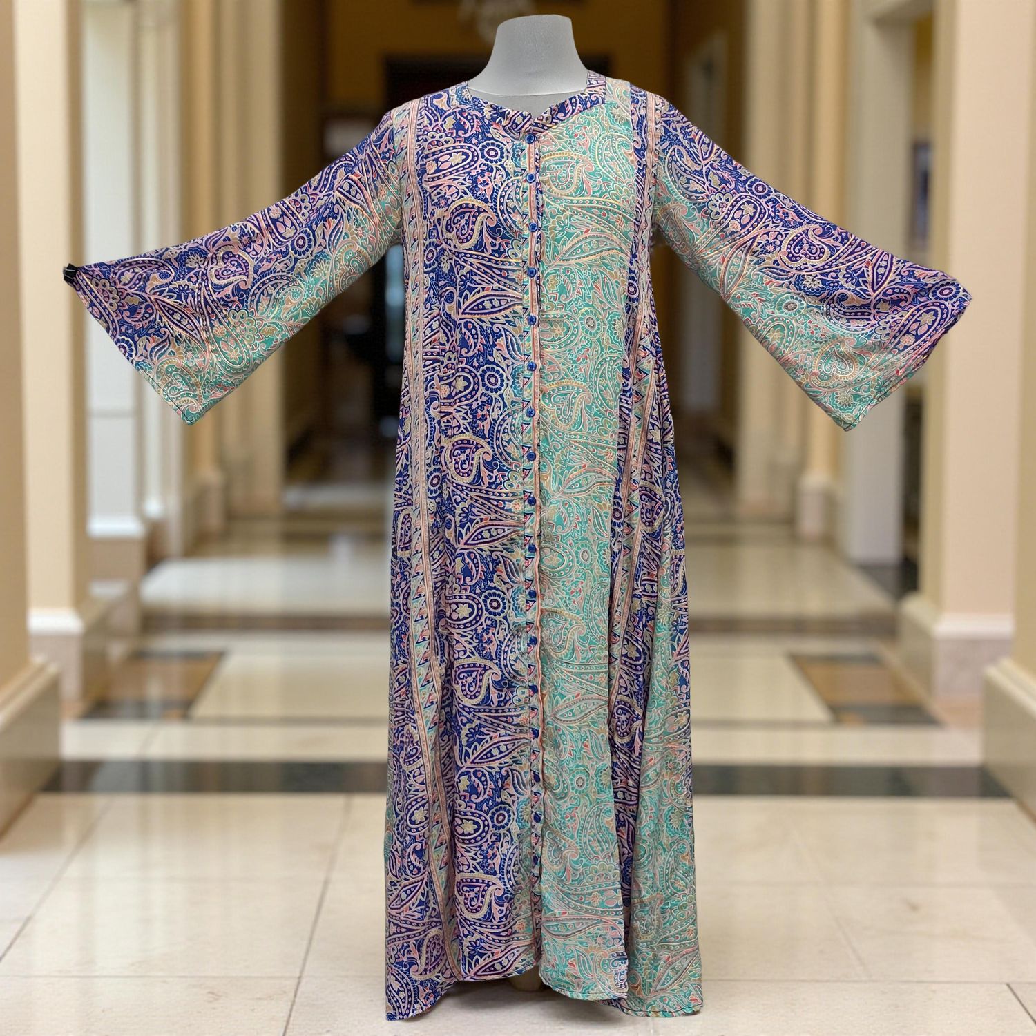 S/M Nura Printed Silk Dress 57" Long Jalabiya