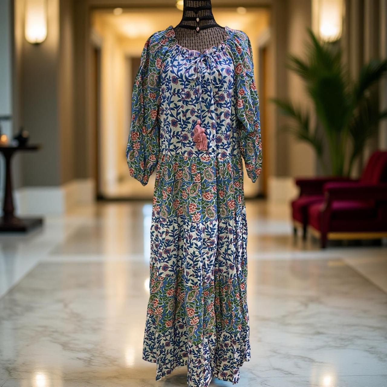 L/XL Aanni Printed Cotton Dress 57" Long Jalabiya