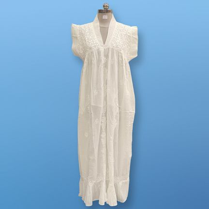 2XL/3XL Amani Embroidery White Cotton Dress 57" Short Sleeves Jalabiya