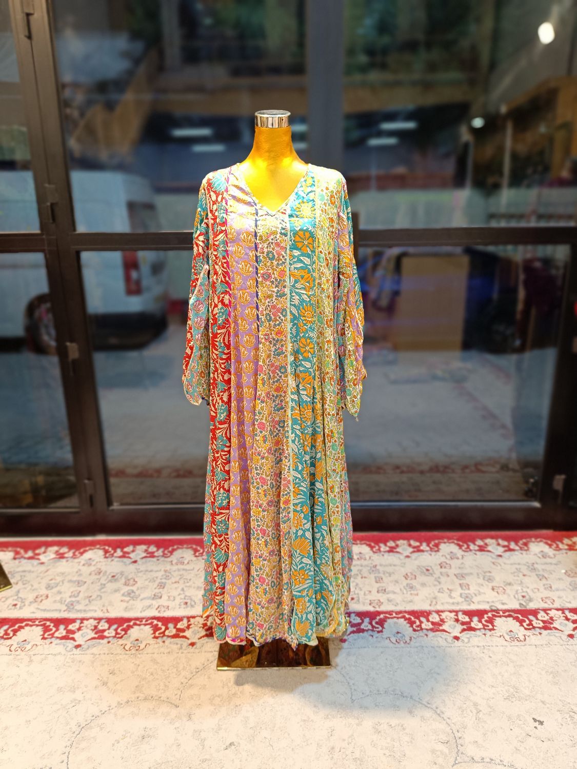 L/XL Meher Silk Crystal Multi Printed  Dress 57" Long Jalabiya